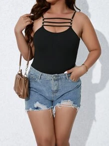 Calvaya 大碼鏤空吊帶連體衣 - 黑色 - 查看 6