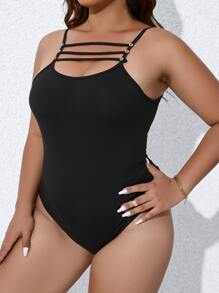 Calvaya 大碼鏤空吊帶連體衣 - 黑色 - 查看 3