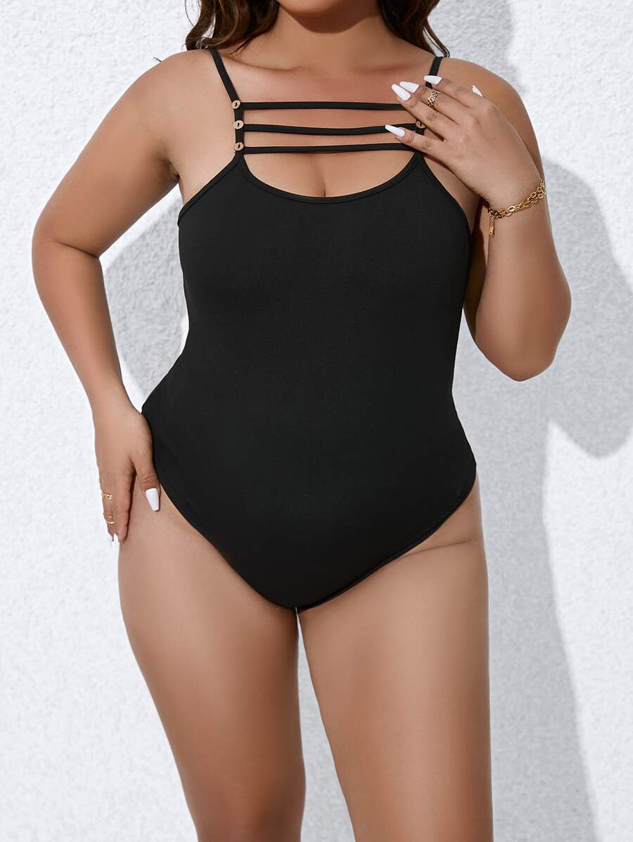 Calvaya 大碼鏤空吊帶連體衣 - 黑色 - 查看 1