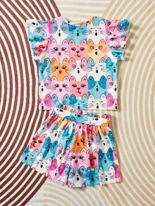 SHEIN Chicas Conjunto de pijama con estampado de dibujos animados ribete con fruncido con cinturón - Multicolor - Ver 2