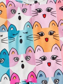 SHEIN Chicas Conjunto de pijama con estampado de dibujos animados ribete con fruncido con cinturón - Multicolor - Ver 3