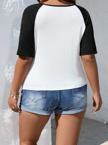 SHEIN LUNE 大碼撞色鏤空插肩袖T恤 - 黑與白 - 查看 2