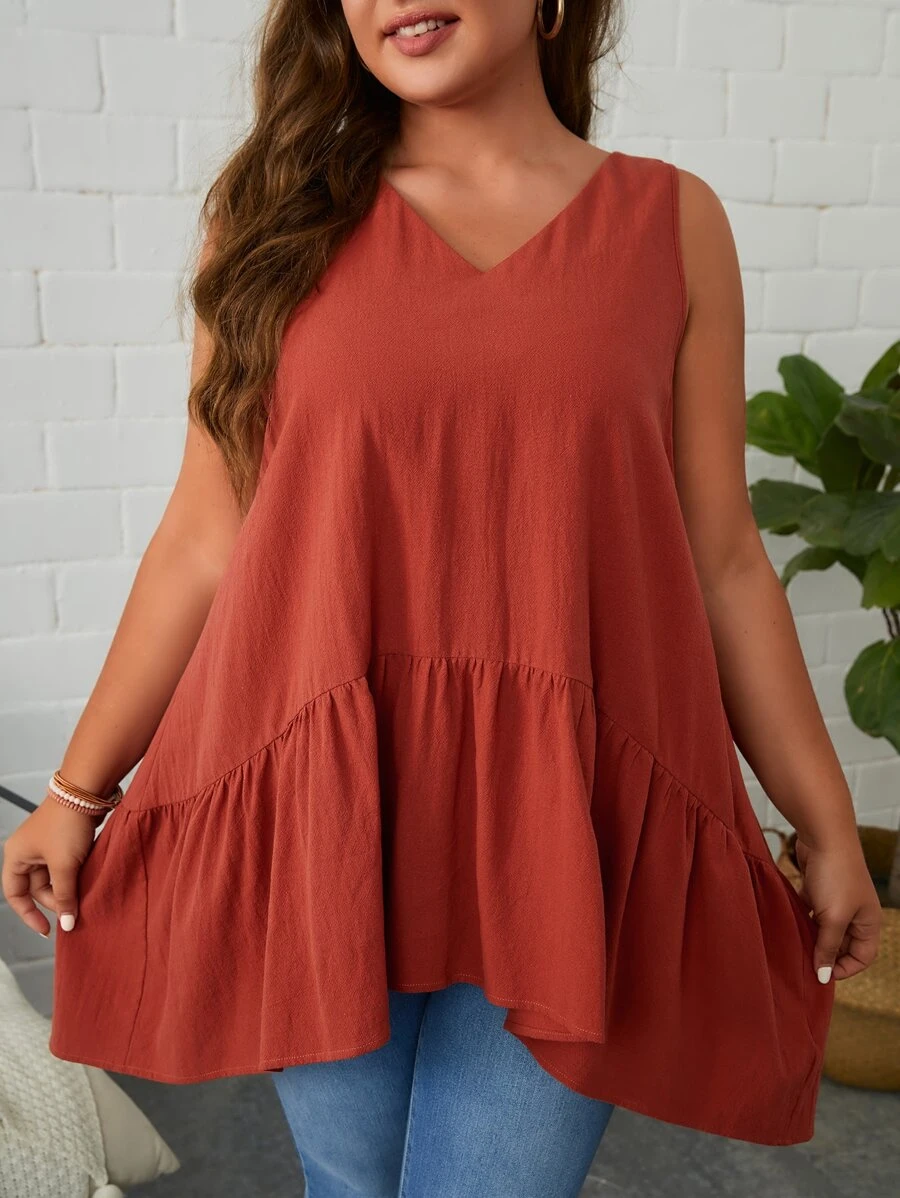 SHEIN LUNE 大碼素色荷葉邊無袖襯衫 - 鏽棕色 - 查看 1