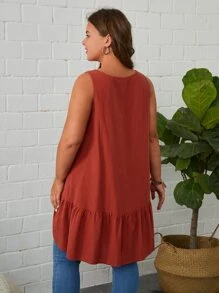 SHEIN LUNE 大碼素色荷葉邊無袖襯衫 - 鏽棕色 - 查看 2