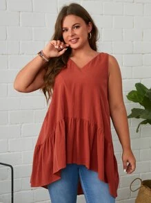 SHEIN LUNE 大碼素色荷葉邊無袖襯衫 - 鏽棕色 - 查看 4