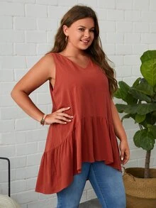 SHEIN LUNE 大碼素色荷葉邊無袖襯衫 - 鏽棕色 - 查看 5