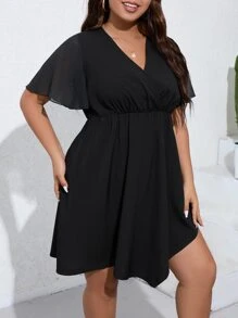 SHEIN LUNE Đầm Plus Size Bất đối xứng Tương phản Mesh Trọn gói màu trơn Giải trí - màu đen - Xem 5