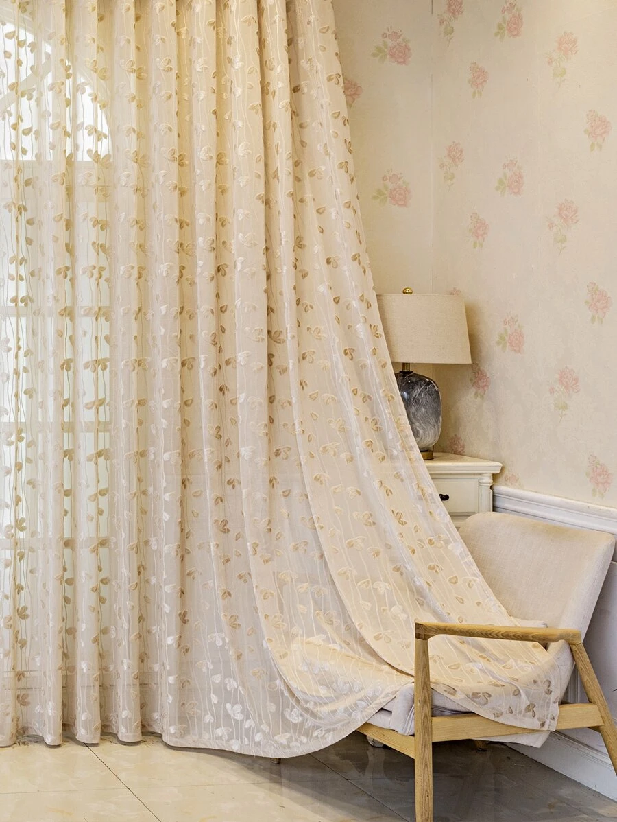 葉子刺繡單片薄透窗簾適用於臥室客廳 - 米色 - 查看 1