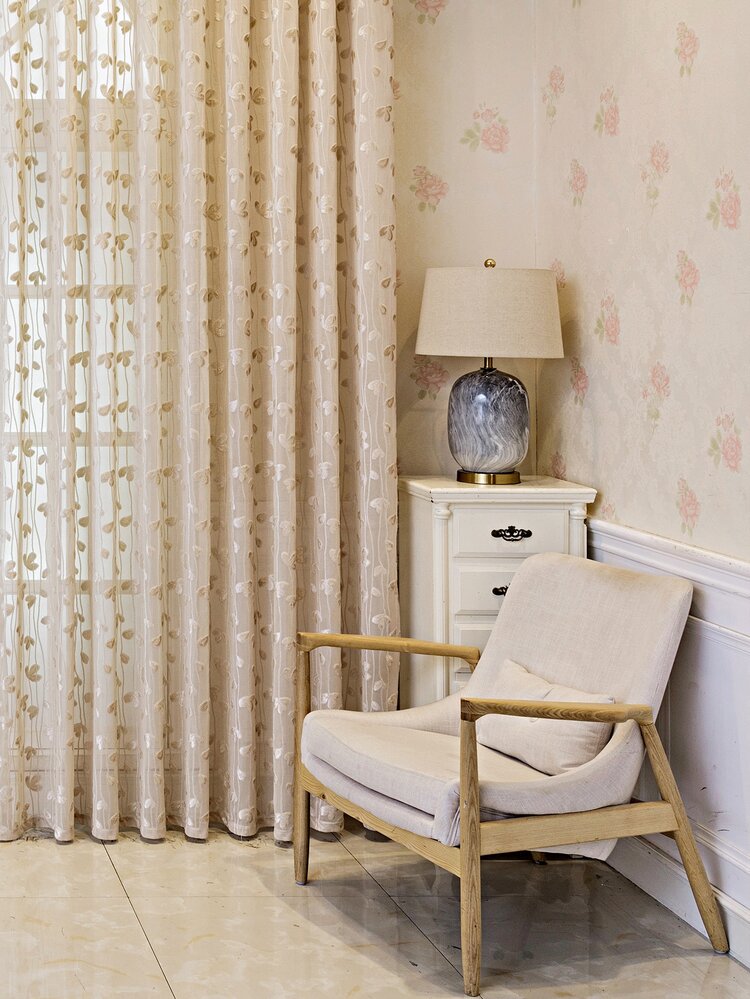 葉子刺繡單片薄透窗簾適用於臥室客廳 - 米色 - 查看 7