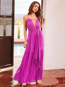 SHEIN VCAY 1pc Cut Out Front Ruffle Hem Cami Jumpsuit - Red Violet - View 1