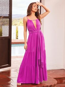 SHEIN VCAY 1pc Cut Out Front Ruffle Hem Cami Jumpsuit - Red Violet - View 3