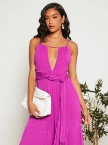 SHEIN VCAY 1pc Cut Out Front Ruffle Hem Cami Jumpsuit - Red Violet - View 5