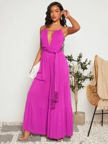 SHEIN VCAY 1pc Cut Out Front Ruffle Hem Cami Jumpsuit - Red Violet - View 6