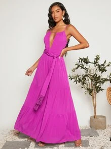 SHEIN VCAY 1pc Cut Out Front Ruffle Hem Cami Jumpsuit - Red Violet - View 7