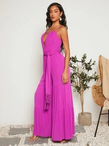 SHEIN VCAY 1pc Cut Out Front Ruffle Hem Cami Jumpsuit - Red Violet - View 8