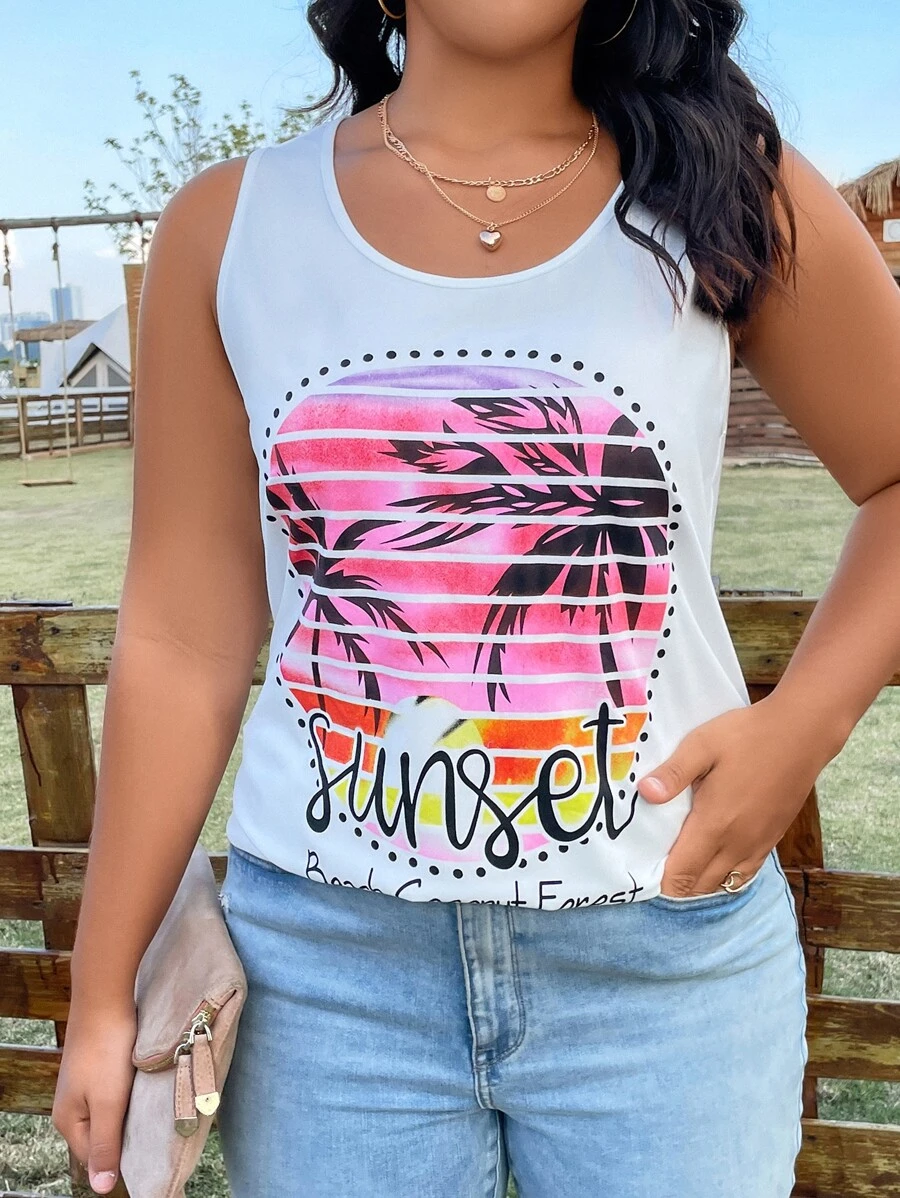 SHEIN Clasi Plus Tropical & Letter Graphic Tank Top - White - View 1
