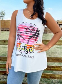 SHEIN Clasi Plus Tropical & Letter Graphic Tank Top - White - View 3