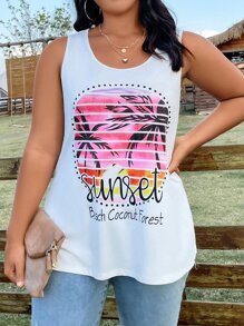 SHEIN Clasi Plus Tropical & Letter Graphic Tank Top - White - View 4