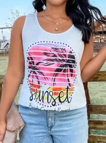 SHEIN Clasi Plus Tropical & Letter Graphic Tank Top - White - View 5