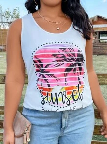 SHEIN Clasi Plus Tropical & Letter Graphic Tank Top - White - View 6
