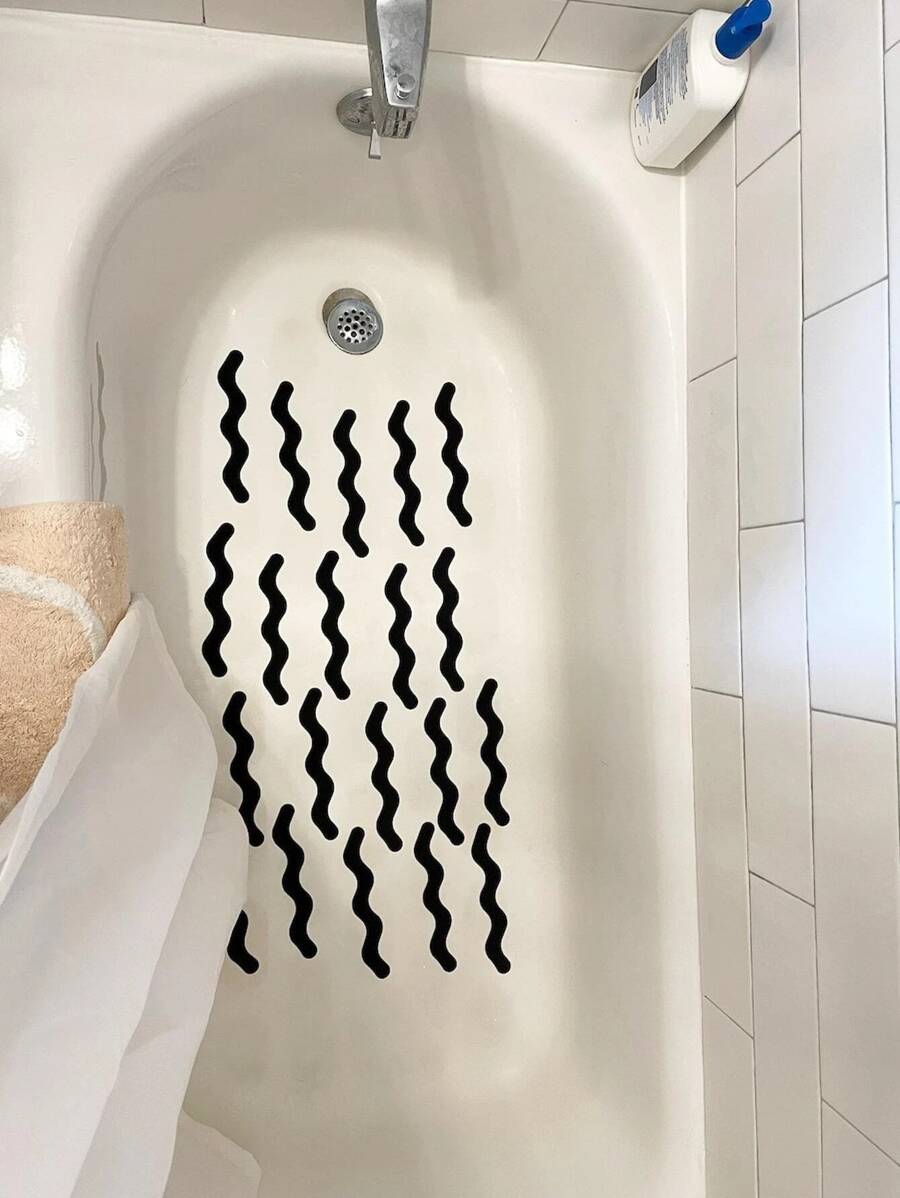24入組波浪設計浴缸防滑黑色浴室膠黏劑條紋適用於浴室