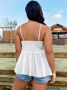 SHEIN LUNE Áo hai dây Plus Size Tương phản ren Tương phản Mesh Viên lá sen màu trơn Boho - trắng - Xem 2