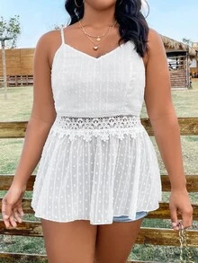 SHEIN LUNE Áo hai dây Plus Size Tương phản ren Tương phản Mesh Viên lá sen màu trơn Boho - trắng - Xem 4