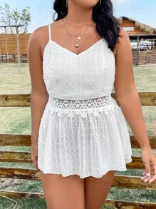 SHEIN LUNE Áo hai dây Plus Size Tương phản ren Tương phản Mesh Viên lá sen màu trơn Boho - trắng - Xem 5