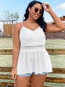 SHEIN LUNE Áo hai dây Plus Size Tương phản ren Tương phản Mesh Viên lá sen màu trơn Boho - trắng - Xem 6