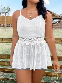 SHEIN LUNE Áo hai dây Plus Size Tương phản ren Tương phản Mesh Viên lá sen màu trơn Boho - trắng - Xem 7