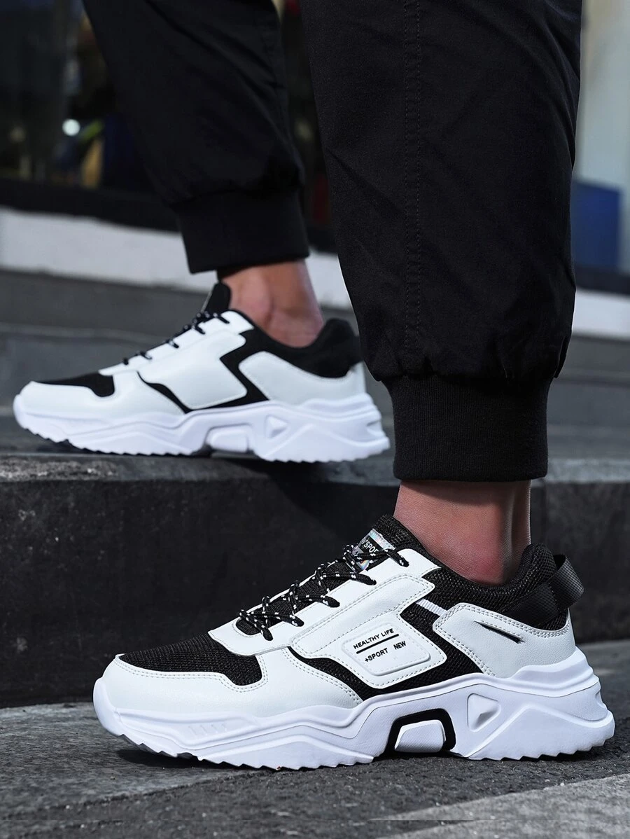 男士繫帶補丁細節老爹鞋運動戶外織物運動鞋