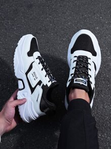 男士繫帶補丁細節老爹鞋運動戶外織物運動鞋