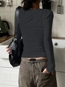 DAZY Áo thun trơn cổ tròn ôm, quần áo thu dài tay cho nữ - Màu xám đen - Xem 2