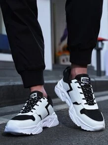 男士繫帶補丁細節老爹鞋運動戶外織物運動鞋