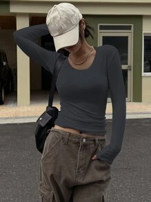 DAZY Áo thun trơn cổ tròn ôm, quần áo thu dài tay cho nữ - Màu xám đen - Xem 3