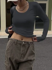 DAZY Áo thun trơn cổ tròn ôm, quần áo thu dài tay cho nữ - Màu xám đen - Xem 4