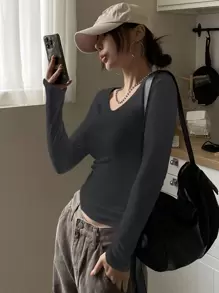 DAZY Áo thun trơn cổ tròn ôm, quần áo thu dài tay cho nữ - Màu xám đen - Xem 5