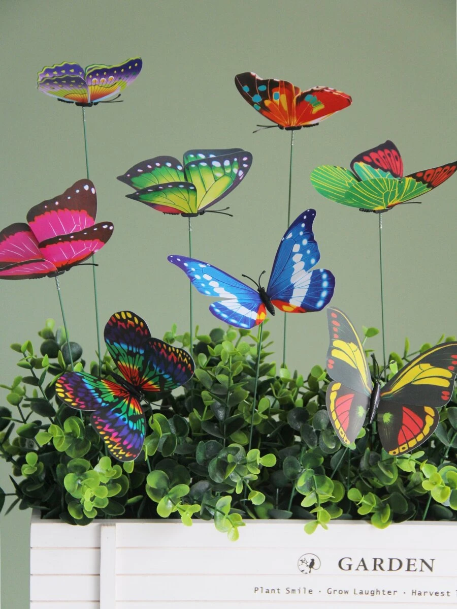 8pcs Colorful Butterfly Stakes, 3D Artificial Butterfly Decor, Garden & Patio Decor, Random Pattern - Multicolor - View 1