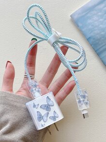 Bộ 5 Vỏ Cáp In Hình Con Bướm Và Nắp Đầu Sạc - Màu xanh lam - Xem 1