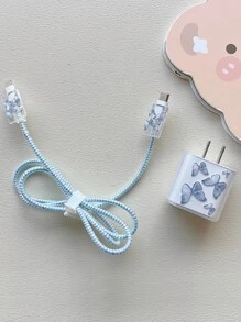 Bộ 5 Vỏ Cáp In Hình Con Bướm Và Nắp Đầu Sạc - Màu xanh lam - Xem 2