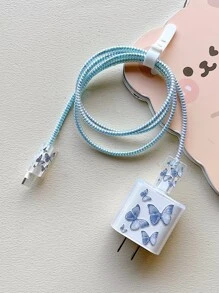 Bộ 5 Vỏ Cáp In Hình Con Bướm Và Nắp Đầu Sạc - Màu xanh lam - Xem 5