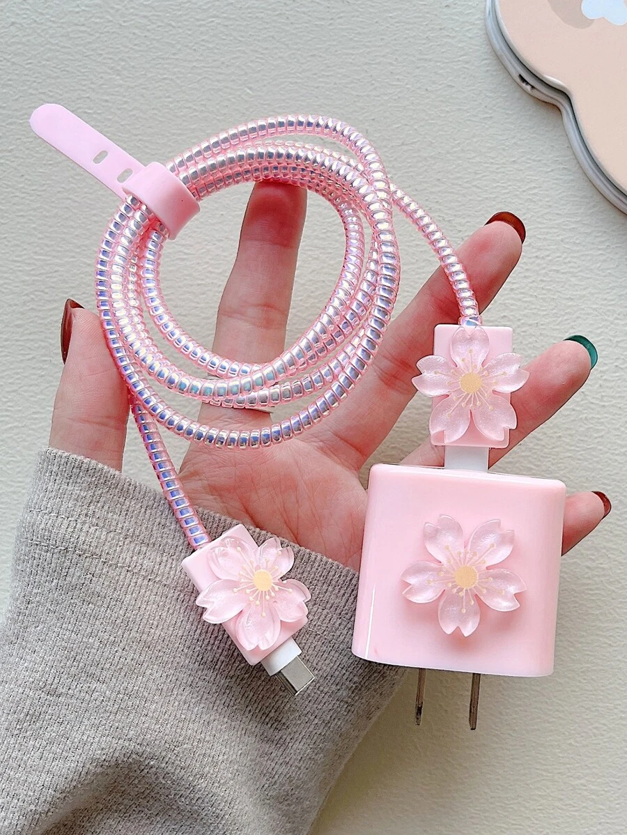 5入組花朵裝飾數據線保護頭套裝 - 粉色 - 查看 1