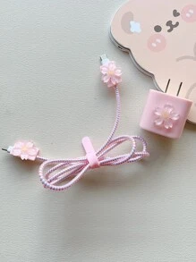 5入組花朵裝飾數據線保護頭套裝 - 粉色 - 查看 2