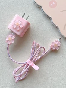 5入組花朵裝飾數據線保護頭套裝 - 粉色 - 查看 5