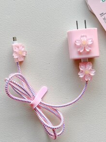 5入組花朵裝飾數據線保護頭套裝 - 粉色 - 查看 6