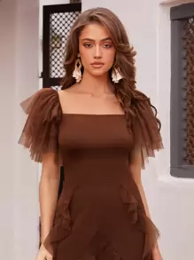 SHEIN VCAY 方領網紗拼接蝴蝶袖T恤 - 咖啡棕 - 查看 1