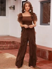 SHEIN VCAY 方領網紗拼接蝴蝶袖T恤 - 咖啡棕 - 查看 3