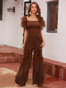 SHEIN VCAY 方領網紗拼接蝴蝶袖T恤 - 咖啡棕 - 查看 4