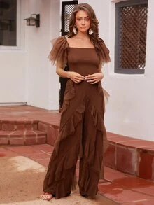SHEIN VCAY Ruffle Trim Wide Leg Trousers - Chocolate Brown - View 6