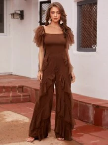 SHEIN VCAY Ruffle Trim Wide Leg Trousers - Chocolate Brown - View 7